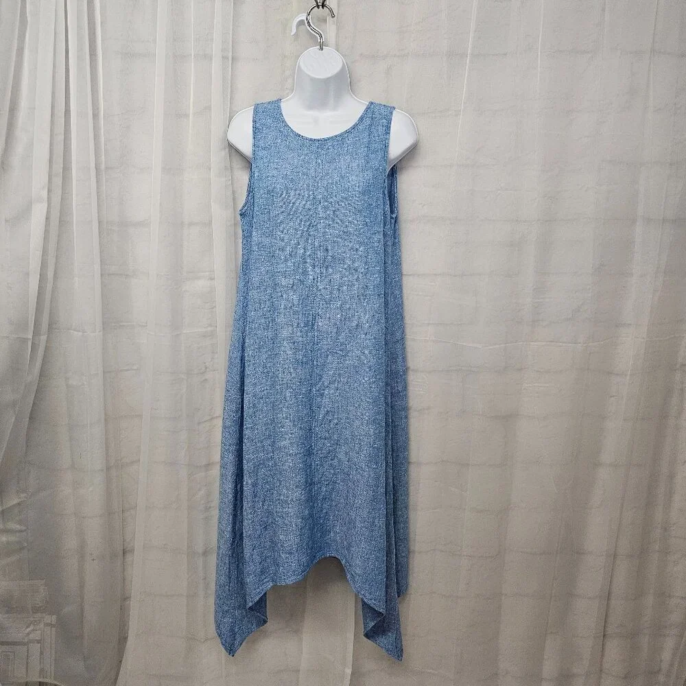 Anne Klein Blue Sleeveless Midi Dress Minimalist Shift Boho Beach Linen S - Picture 2 of 13